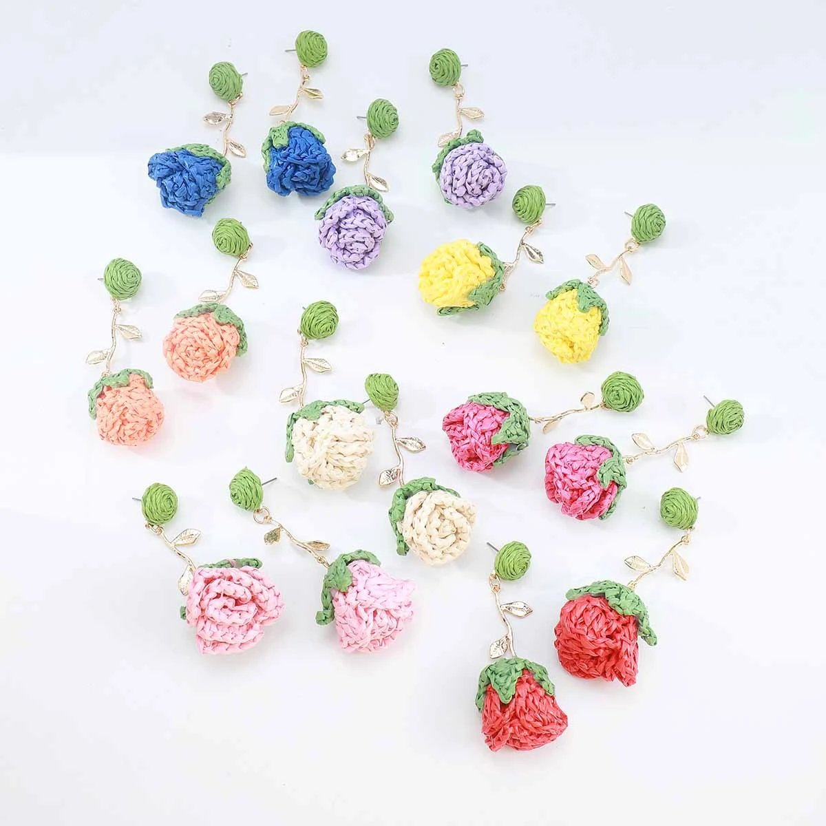 Handcrafted Crochet Rose Blue Green Floral Drop Earrings