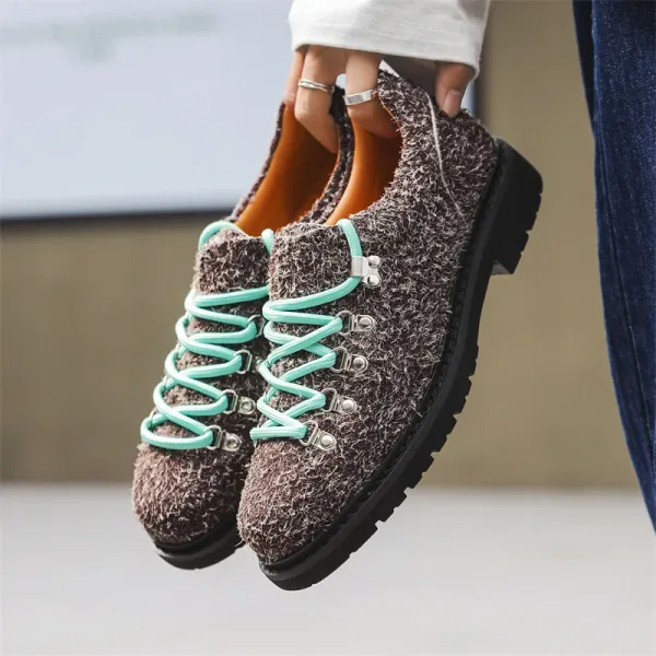 Design Chunky Knit Lace-Up Boots Brown with Mint Green Laces - 1