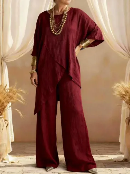 Design Linen Asymmetrical Tunic Top and Wide-Leg Pants Set Beige - 5