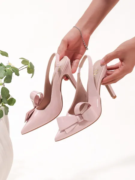 Design Bow Detail Nude Patent Leather Slingback Stilettos - 19