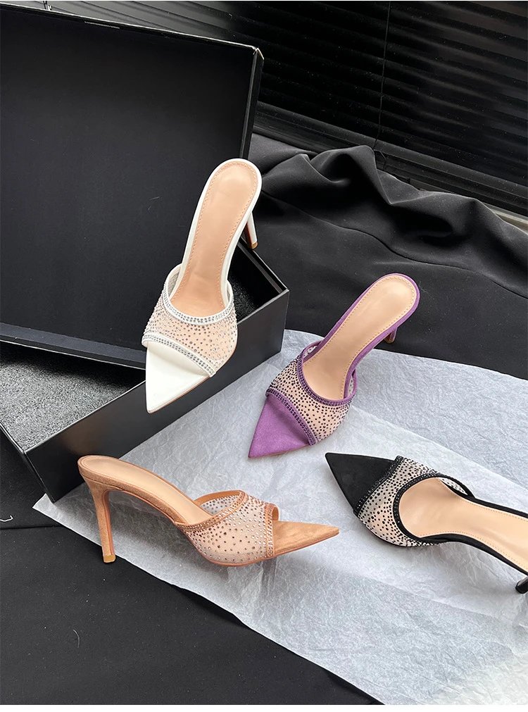 Design Mesh-Embellished Pointed-Toe Mule Heels Black - 4