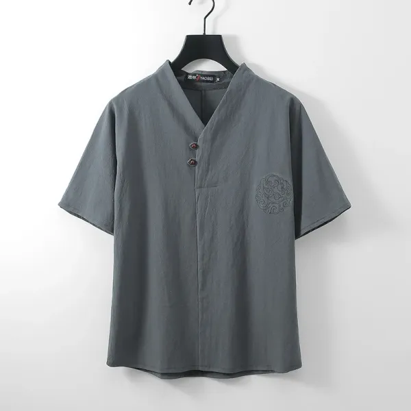 Design YAOBEI V-Neck Linen Blend Shirt White Shirt - 8