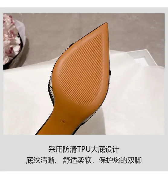 Design Mesh-Embellished Pointed-Toe Mule Heels Black - 13