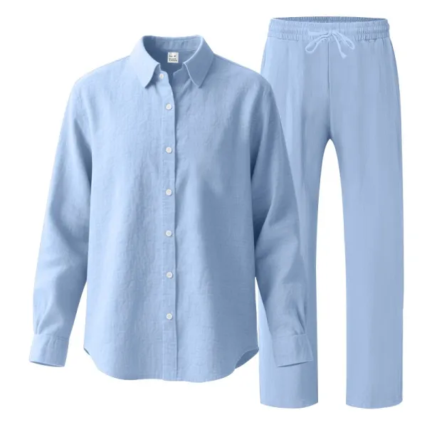 Design Linen Shirt and Drawstring Pants Set White Casual Set - 43