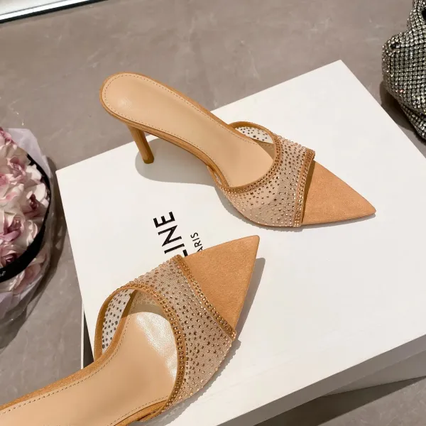 Design Mesh-Embellished Pointed-Toe Mule Heels Black - 18