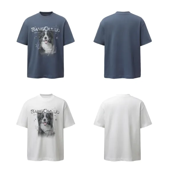 Design BANGOULUO Happy Dog Graphic Print Navy T-Shirt T-Shirts - 3