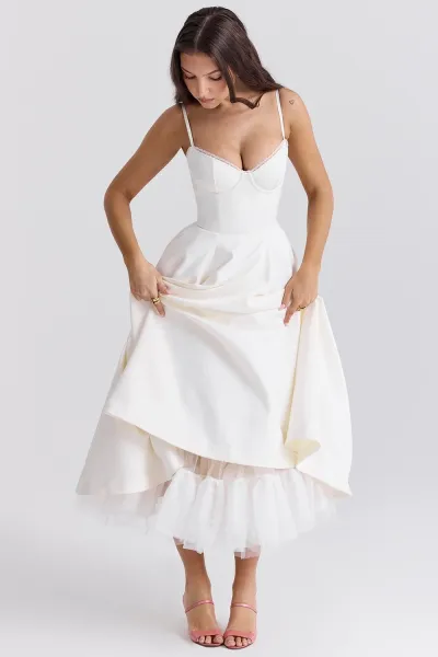 Design Yellow Lace-Trimmed Corset Midi Dress - 16
