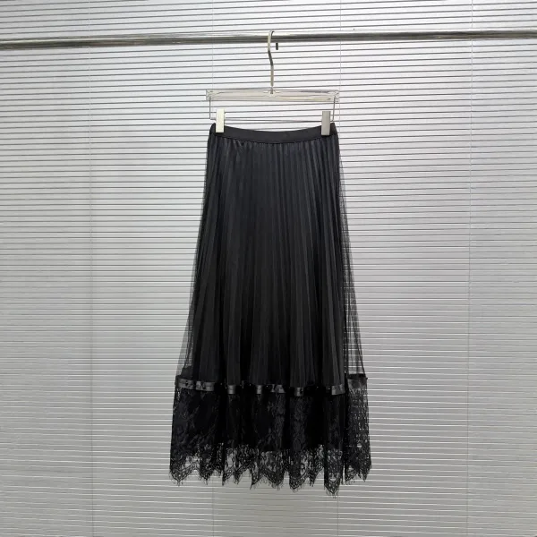 Chanel Pleated Tulle Lace Skirt Black - 5