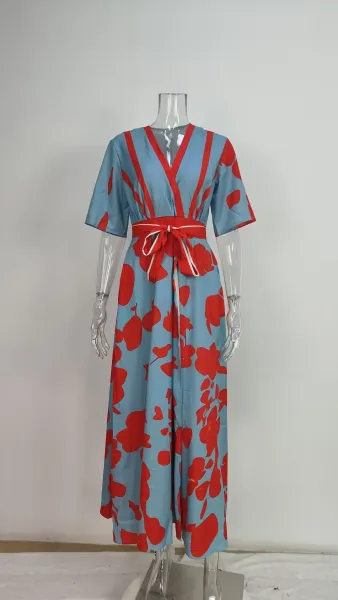 Design Floral Print V-Neck Wrap Maxi Dress in Light Blue and Red - 11