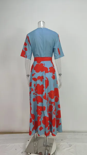 Design Floral Print V-Neck Wrap Maxi Dress in Light Blue and Red - 12