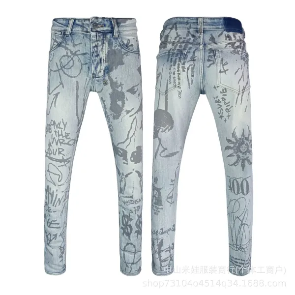 Design Graffiti Print Light Wash Slim Fit Jeans - 1
