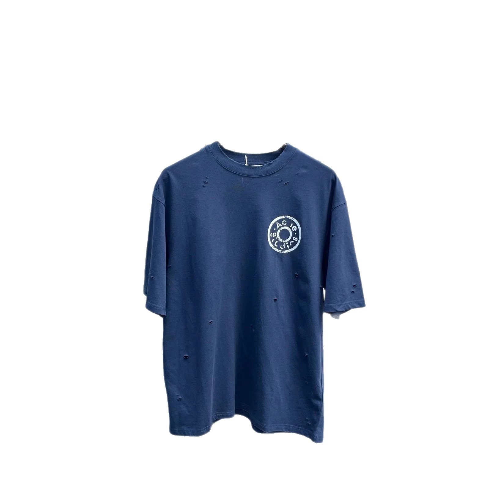 Oversized Navy Blue Graphic Print Distressed Long Sleeve T-Shirt