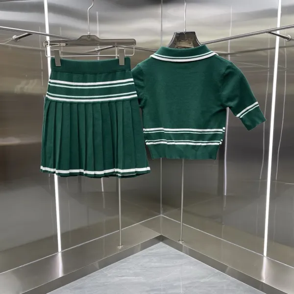 Design Knit Tennis Set Green with White Stripes and Embroidered Logo Skirt and Polo Top - 11