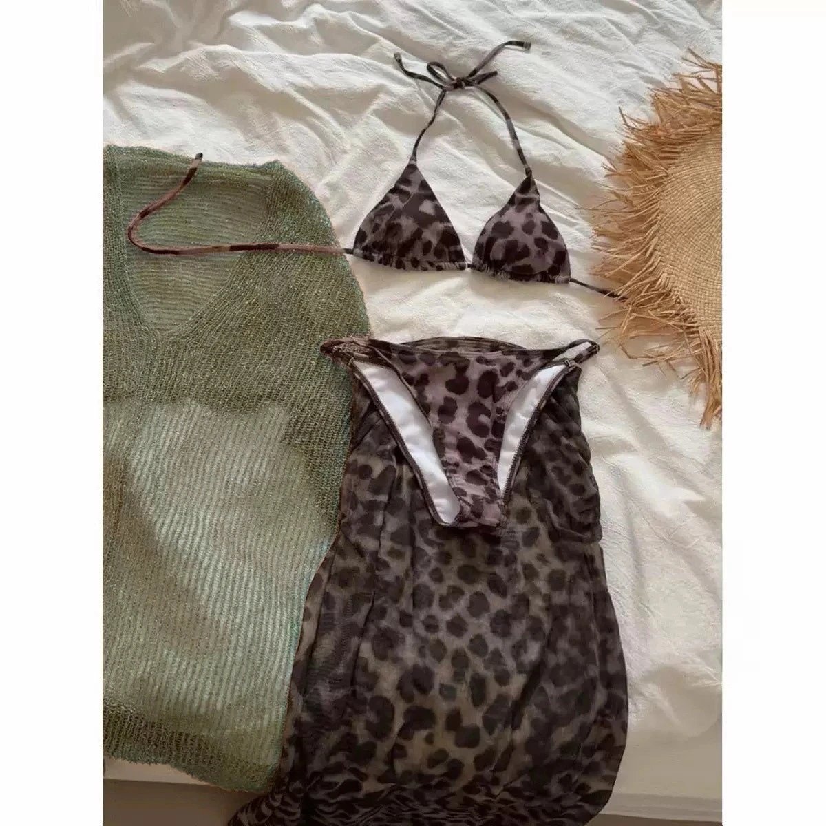 Design Olive Knit Poncho Top with Leopard Print Skirt Set Sets - 17