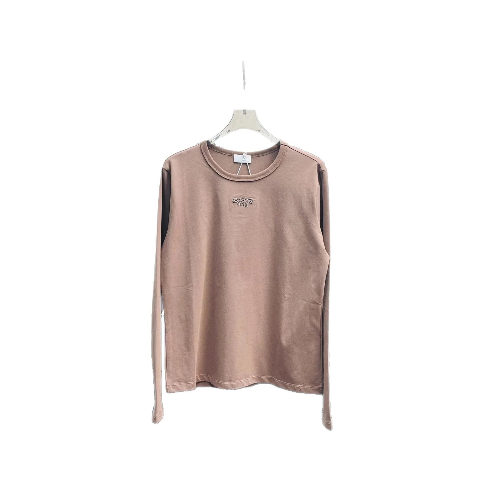 Cotton Long Sleeve T-Shirt Beige Navy Embroidered Minimalist