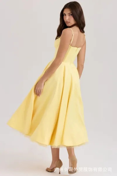 Design Yellow Lace-Trimmed Corset Midi Dress - 36