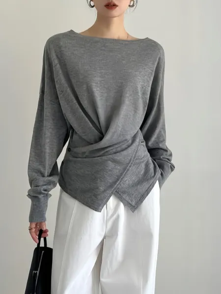 Design Asymmetrical Draped Long Sleeve Top Gray - 5