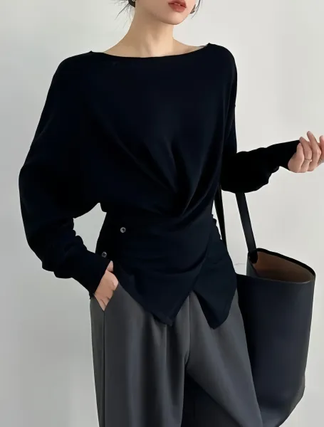 Design Asymmetrical Draped Long Sleeve Top Gray - 8