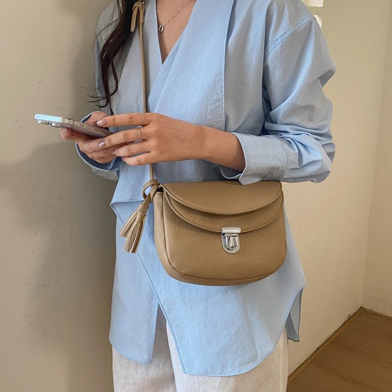Leather Saddle Bag White Beige Black Pink Light Blue Minimalist Crossbody