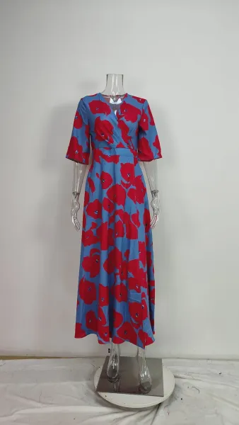 Design Floral Print V-Neck Wrap Maxi Dress in Light Blue and Red - 39