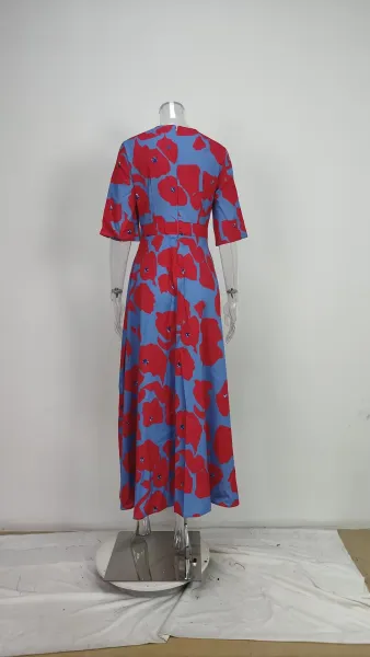 Design Floral Print V-Neck Wrap Maxi Dress in Light Blue and Red - 40