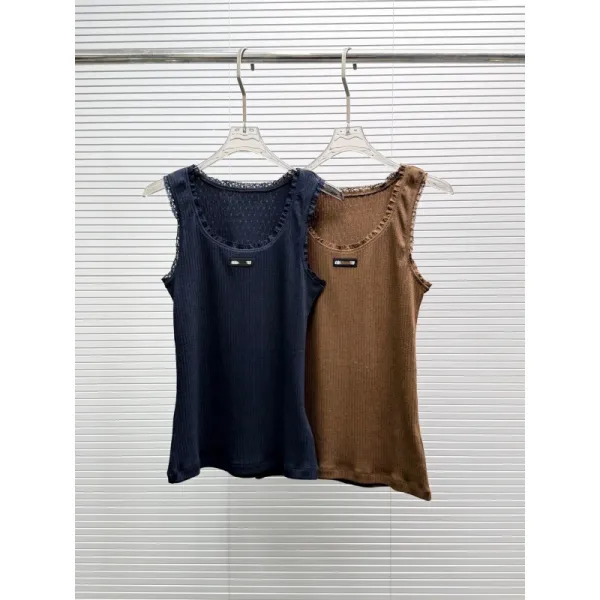 Design Lace-Trim Ribbed Tank Top in Navy and Brown Vest Top - 1