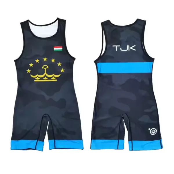 Design TJK Wrestling Singlet Black Blue Camo with Hungarian Emblem Activewear - 1