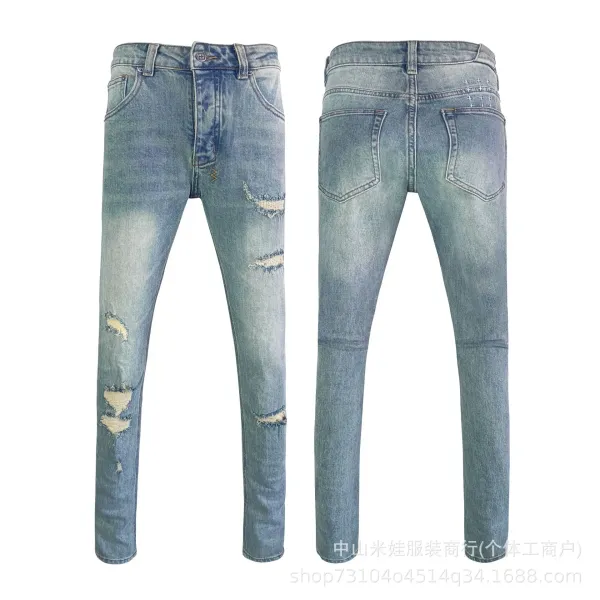 Design Distressed Slim Fit Light Wash Jeans - 1