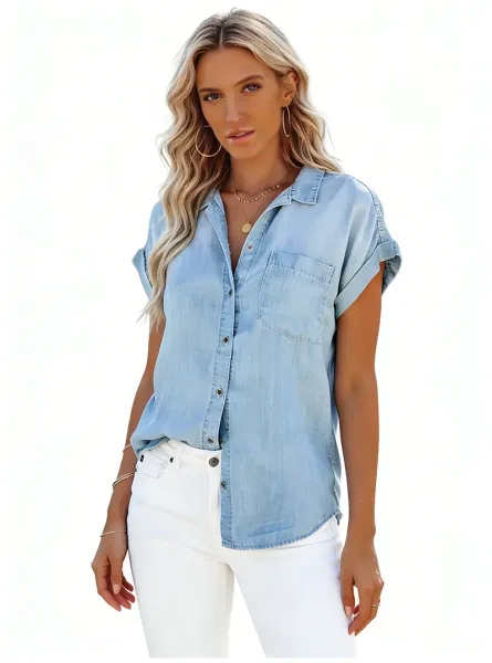Design Light Wash Denim Shirt with Roll-Up Sleeves and Chest Pocket in Blue Tops Shirt - 15