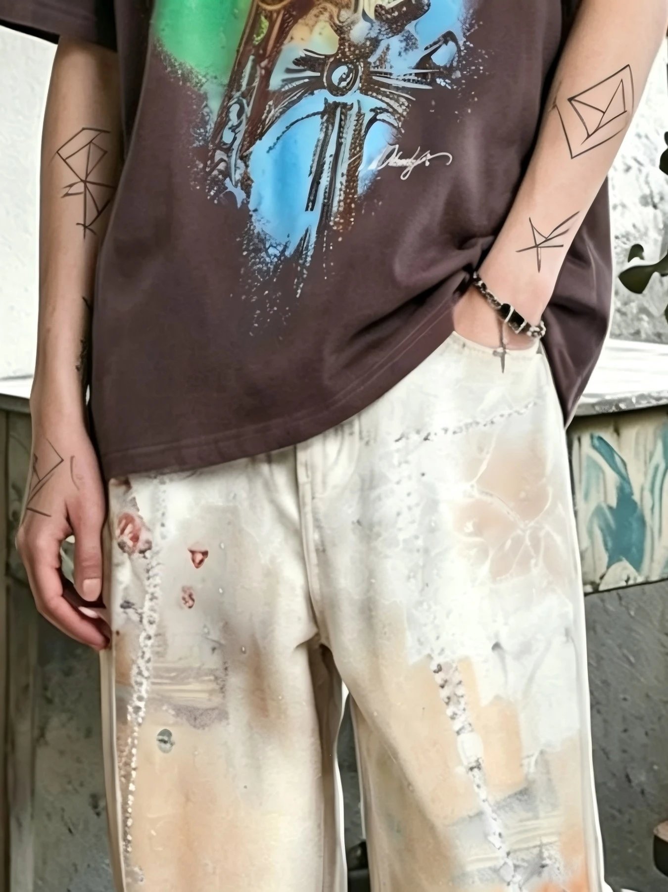 Distressed Oversized Denim Pants Beige Artistic Streetwear