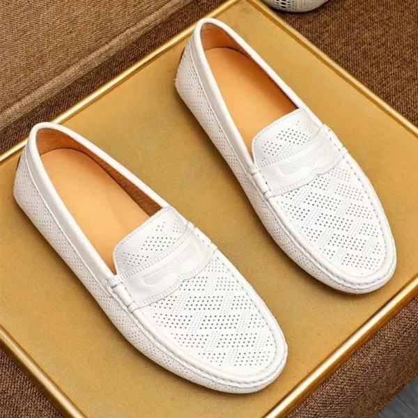 Design Perforated Penny Loafers White Casual Shoes - 2