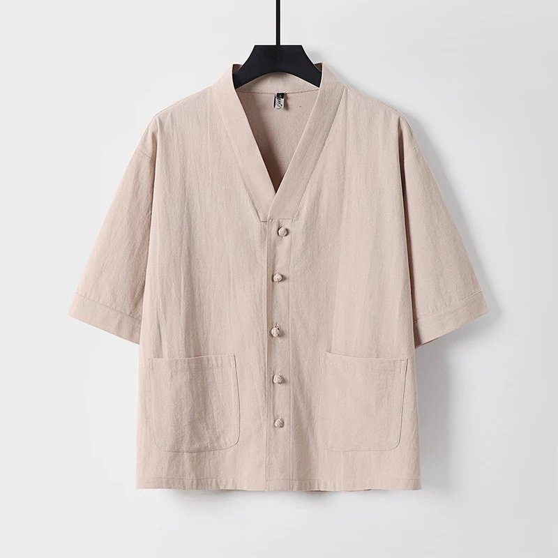 Design V-Neck Linen Button-Up Shirt Beige Tops.shirt - 7