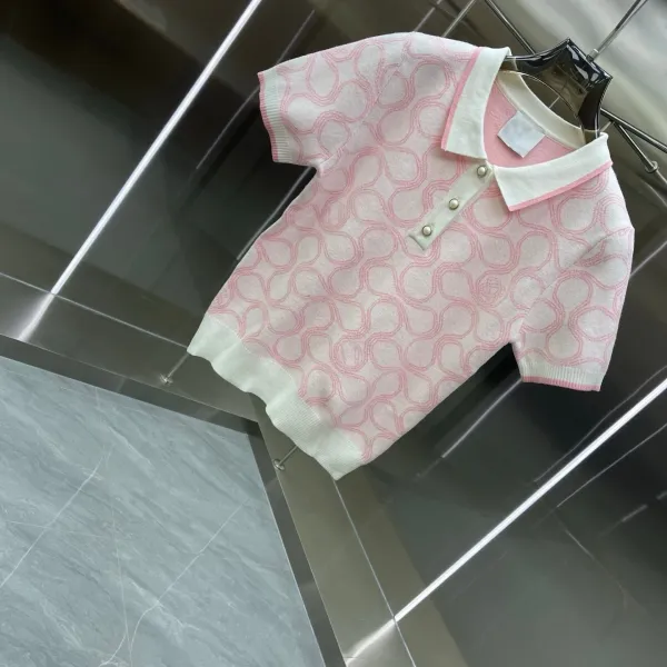 Design Knit Polo and Skirt Set Pink Geometric Pattern Two-Piece Set - 5