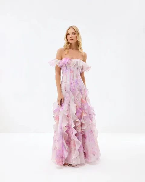 Design White Ruffled Off-Shoulder Tiered Gown Dress - 11