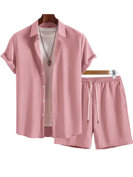 Design Lightweight Linen-Blend Shirt and Shorts Set Beige Casual Set - 8