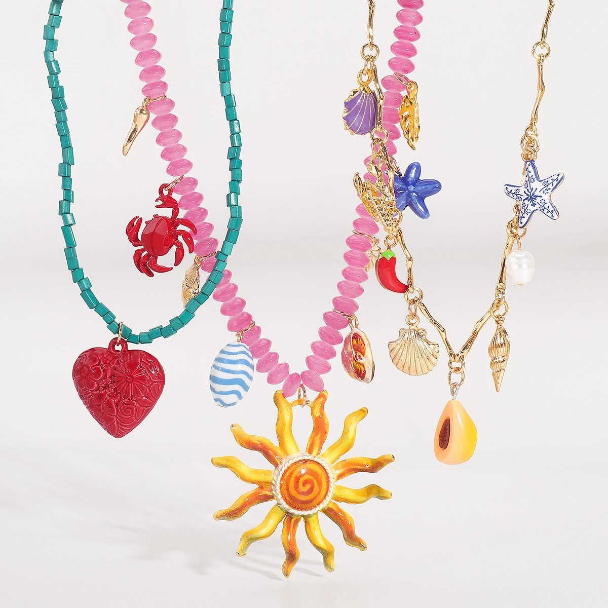 Multilayer Beach Charm Necklace Pink White Coastal Statement Jewelry