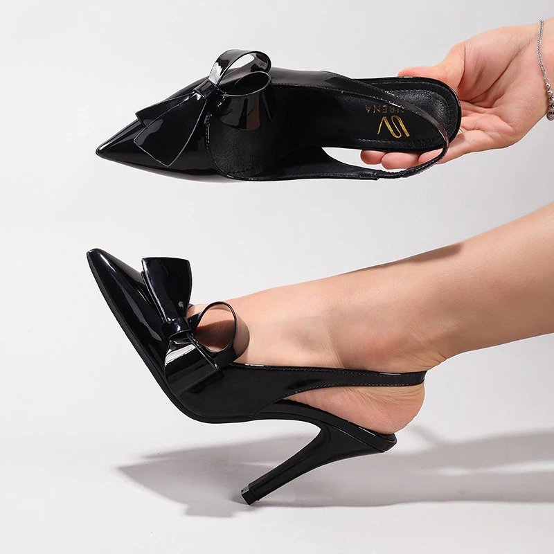 Design Bow-Knot Pointed-Toe Stiletto Heel Mules Black
