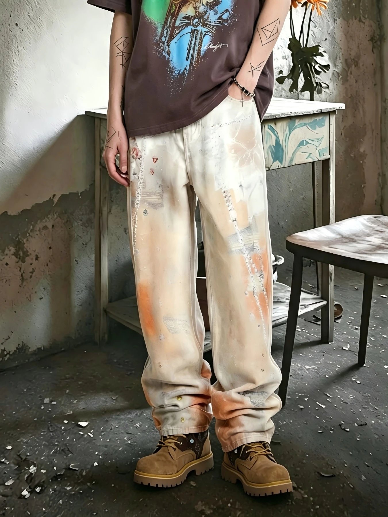 Distressed Oversized Denim Pants Beige Artistic Streetwear