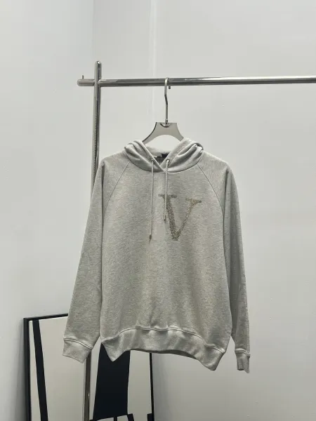 Valentino V Logo Crystal-Embellished Gray Hoodie - 1