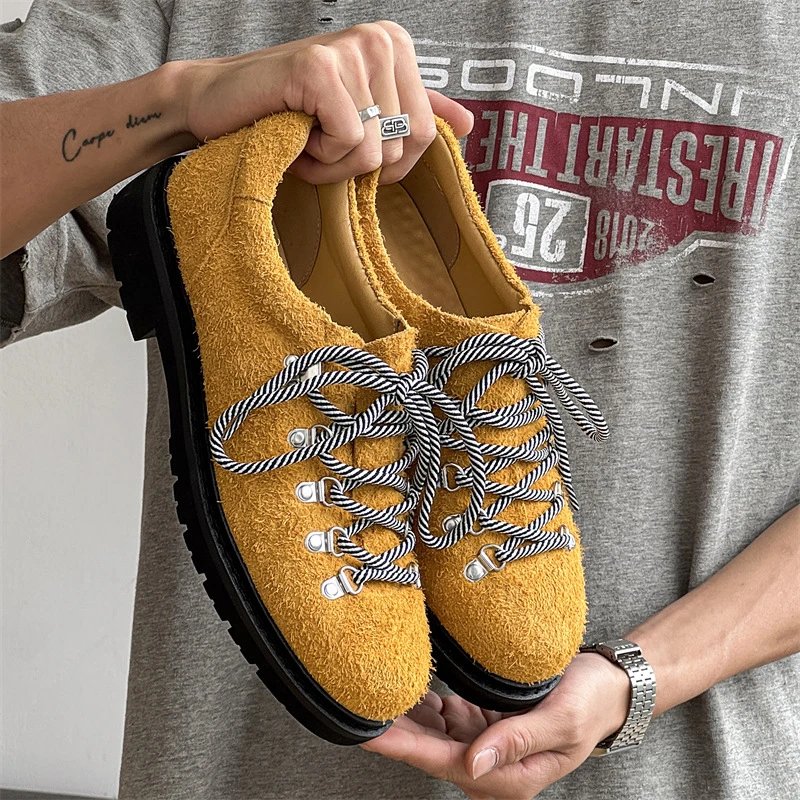 Design Suede Lace-Up Chunky Sole Casual Shoes Yellow