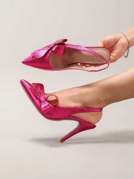 Design Bow Detail Nude Patent Leather Slingback Stilettos - 10