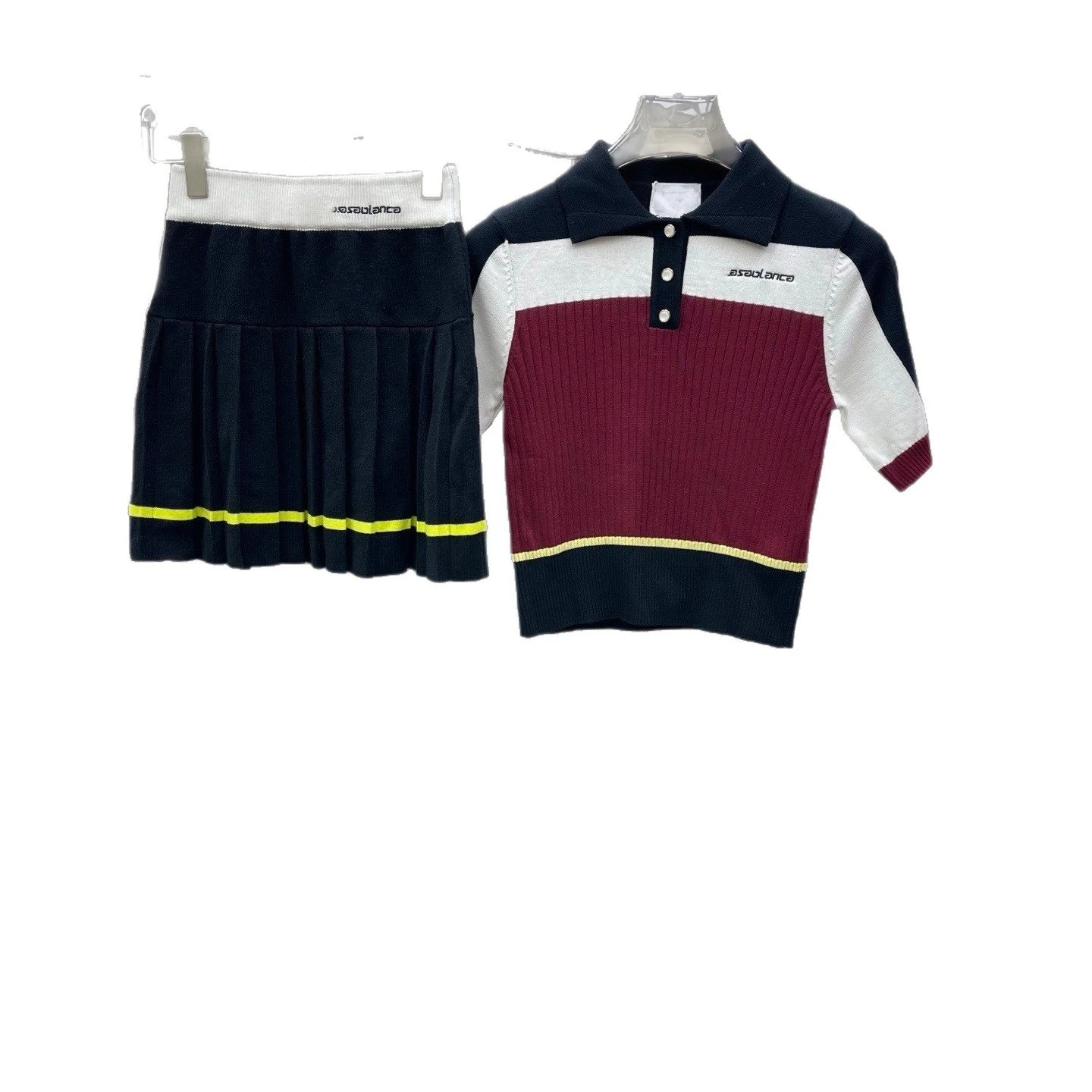 Asablanca Knit Polo Shirt And Pleated Skirt Set Navy White Burgundy Sporty