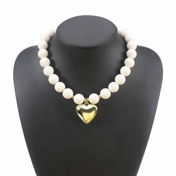 Design Pearl Bead Heart Pendant Necklace White Gold Jewelry - 1