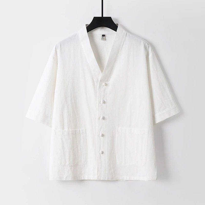 Design V-Neck Linen Button-Up Shirt Beige Tops.shirt - 3