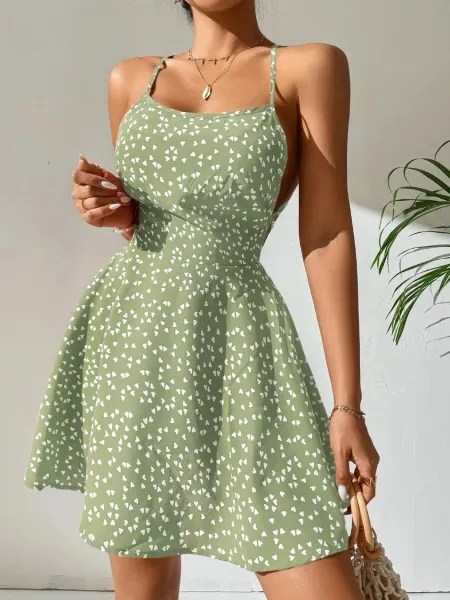 Design Floral Print Heart Pattern Spaghetti Strap A-Line Dress - 12
