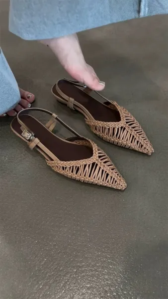 Bottega Veneta Woven Leather Slingback Flats Beige Leather Shoes - 4