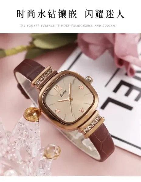 Design Belbi Square Dial Rose Gold Watch with Brown Leather Strap Watches - 6