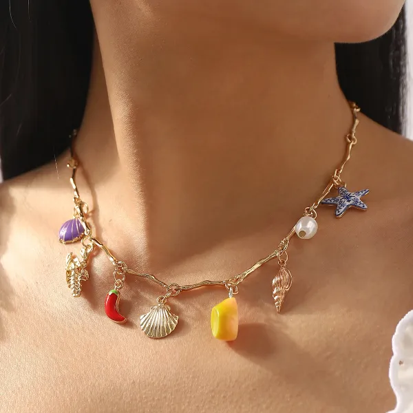 Design Charm Necklace Multicolor Seafood & Shell Pendant Necklace Jewelry - 19