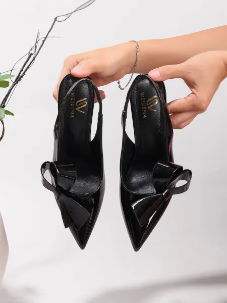 Design Bow Detail Nude Patent Leather Slingback Stilettos - 22