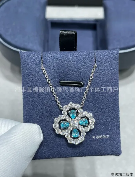 Design Floral Pendant Necklace with Blue Teardrop Crystals and Cubic Zirconia Jewelry - 1